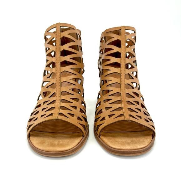 Vince Camuto Open Toe Bootie Sz 10 Tan/Brown Cut-Out Leather Stacked Block Heel - Picture 3 of 16